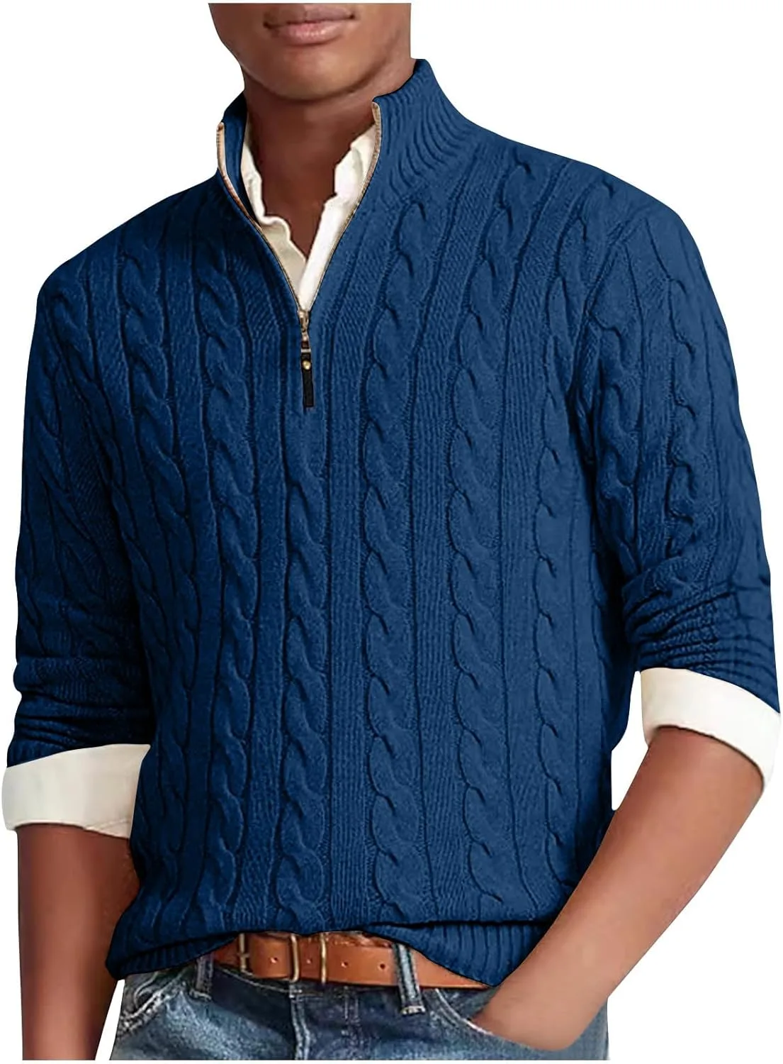 

Мужской свитер с четвертью молнии Slim Fit, кабельная вязка, поло с воротником QUNPIU