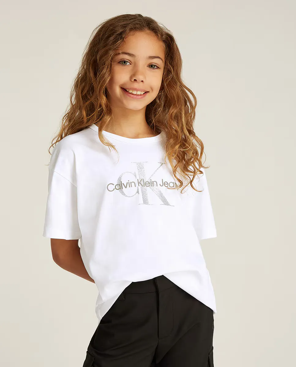 

Футболка с короткими рукавами для девочки с блестящей монограммой Calvin Klein, белый