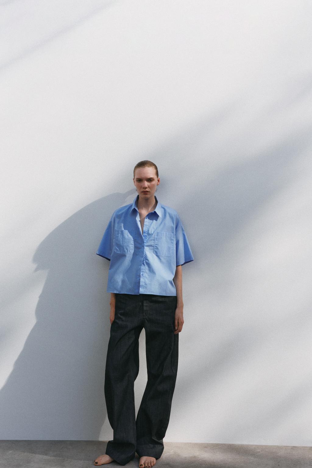 

Укороченная поплиновая рубашка ZARA, средне-синий