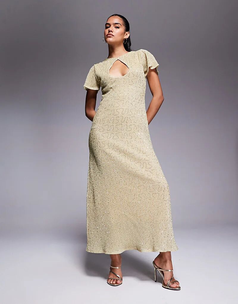 

Платье макси ASOS DESIGN с рукавами-крылышками и вырезом-замочной скважиной золотого цвета