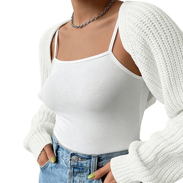 

Женский кардиган с длинным рукавом и открытой передней частью, вязаный резинкой, свободного кроя, укороченный Clearflower, White