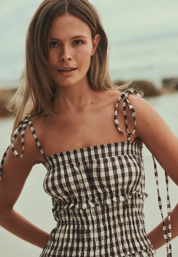 Платье макси с бандо Next, Tall fit bandeau maxi dress, шоколадно-коричневая клетка — фото 3
