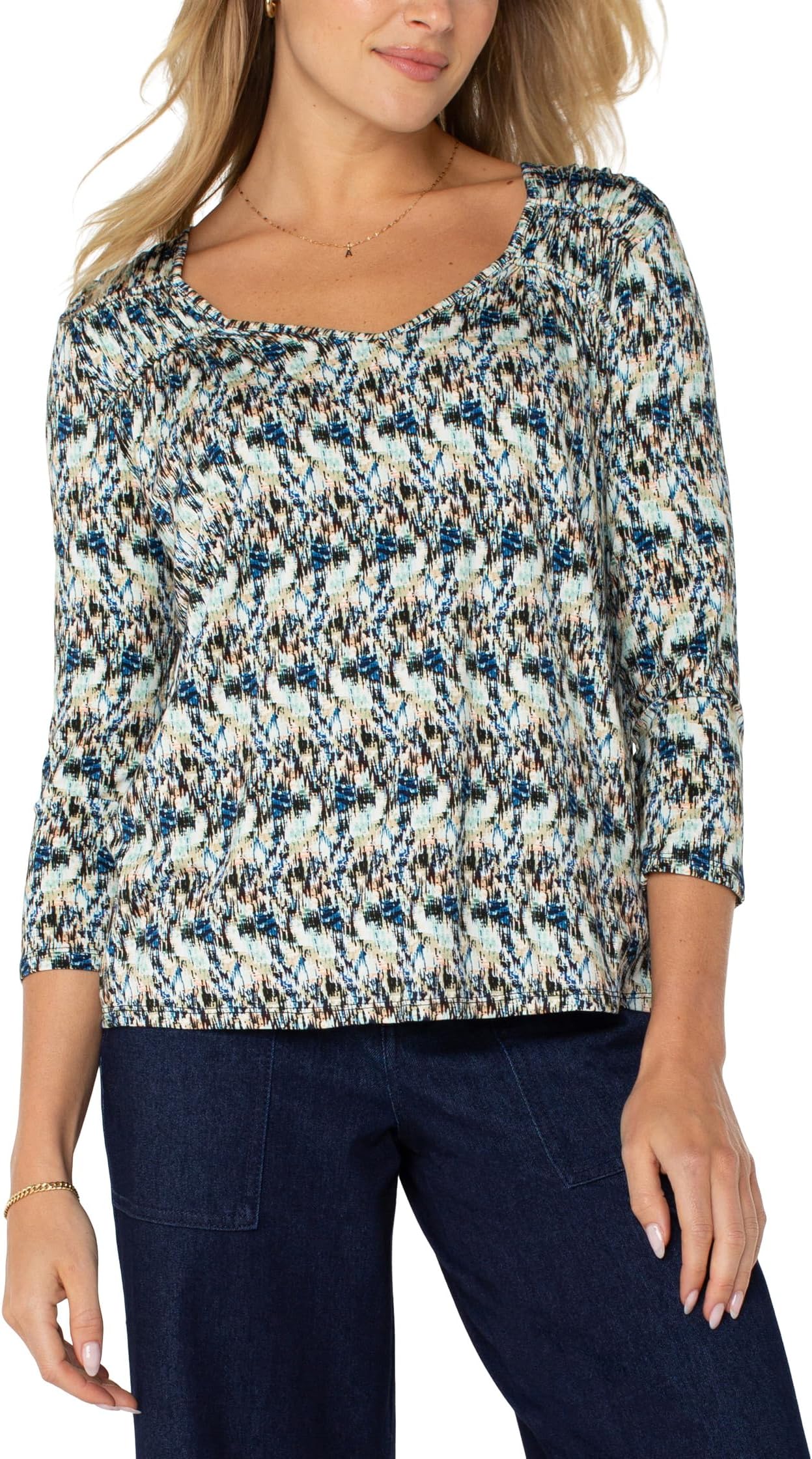 

Топ Liverpool Los Angeles 3/4 Sleeve Shirred Detail Knit Top, цвет Blue Multi Texture