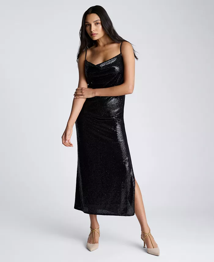 

Женское платье макси с воротником-хомутиком и пайетками Kenneth Cole, черный