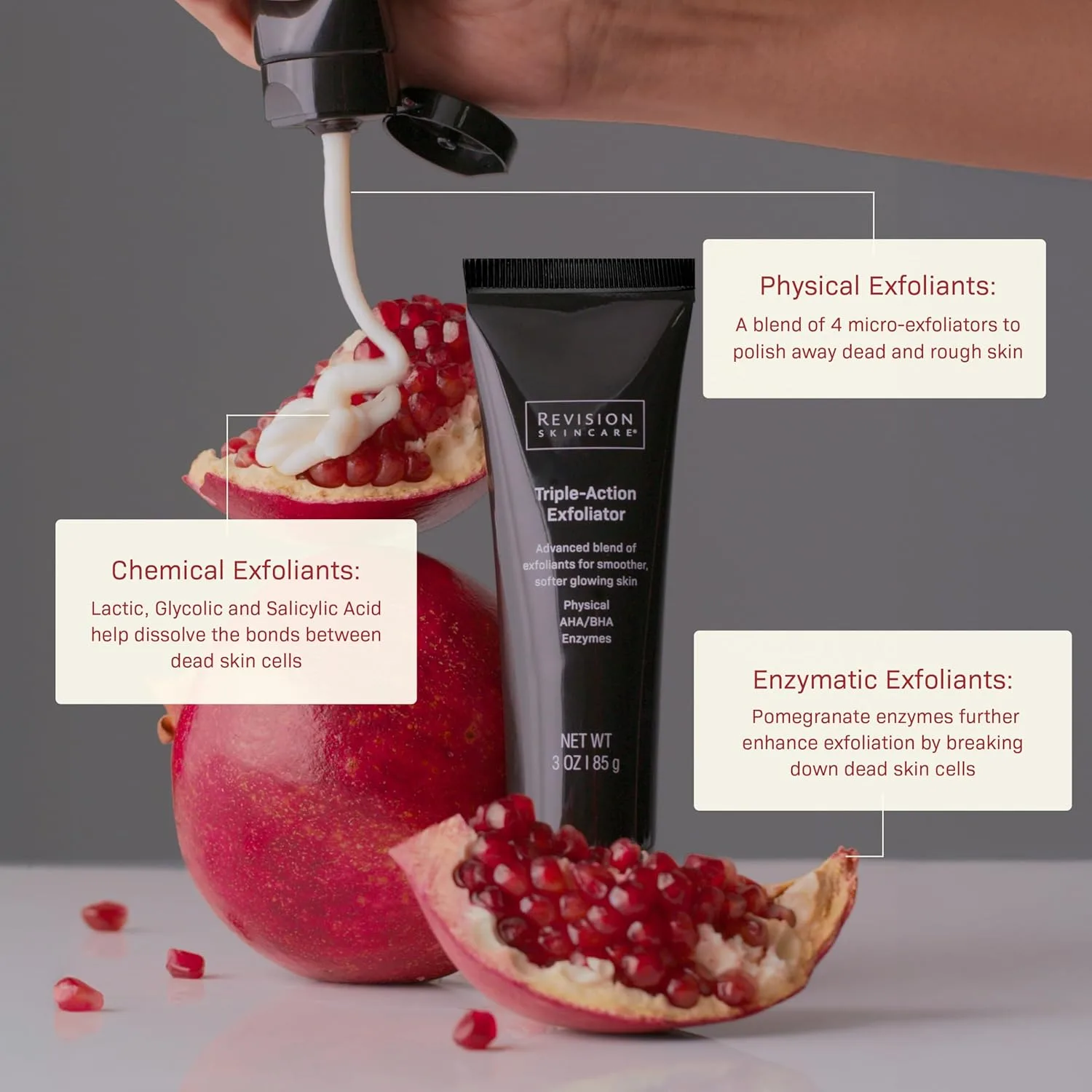 Revision Skincare Triple-Action Exfoliator, клинический эксфолиант для лица с физическим, химическим и энзимным отшелушиванием, AHA, BHA и салициловой кислотой для полировки кожи и улучшения текстуры 85.05 г (1 шт.) — фото 2