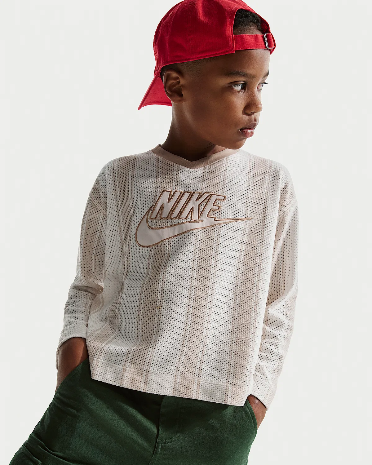 Детская длинная футболка из сетки Nike Sportswear Collection, Light Orewood Brown/Linen/Light Orewood Brown — фото 3
