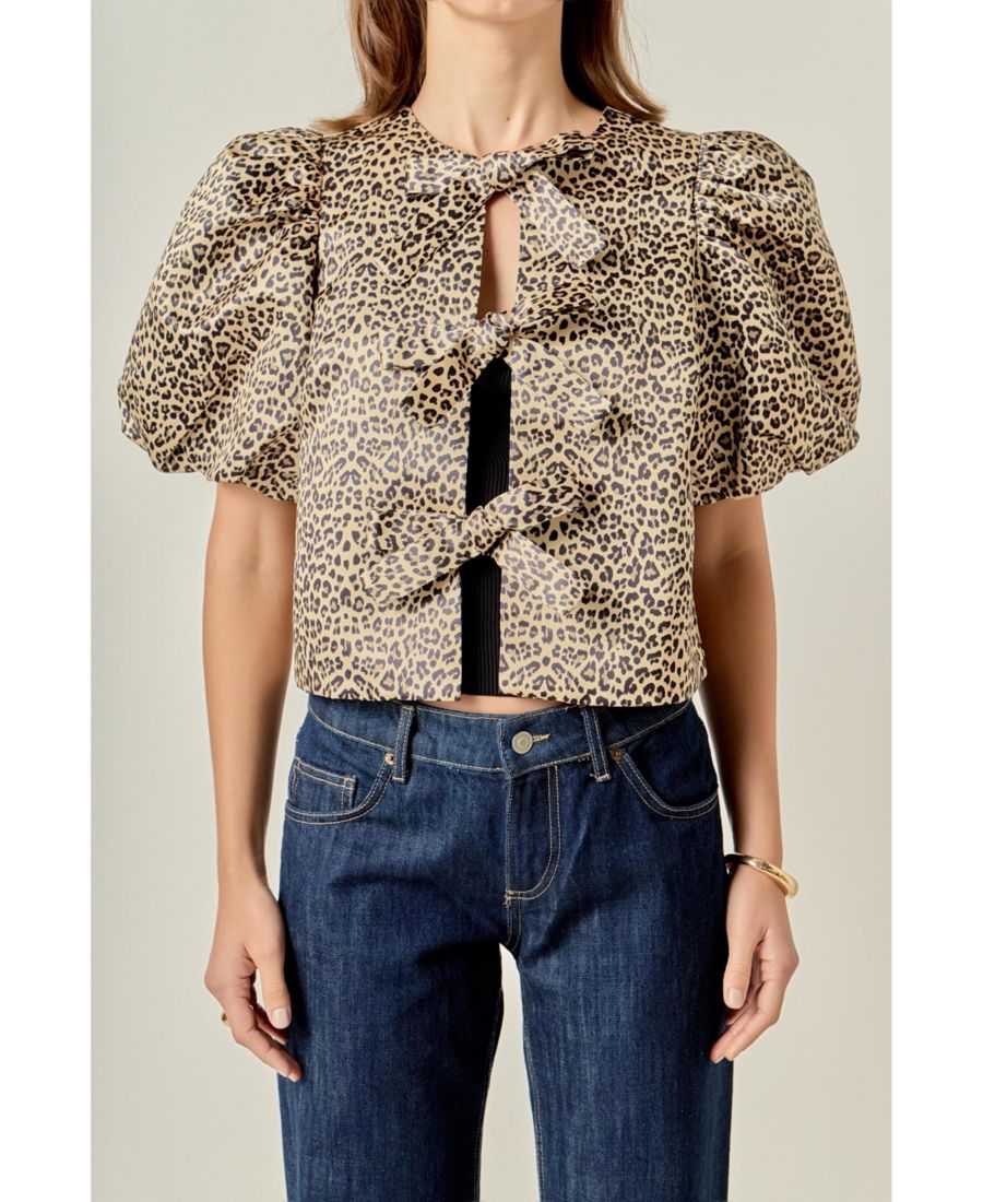 

Женская блузка с пышными рукавами и бантом English Factory, Brown