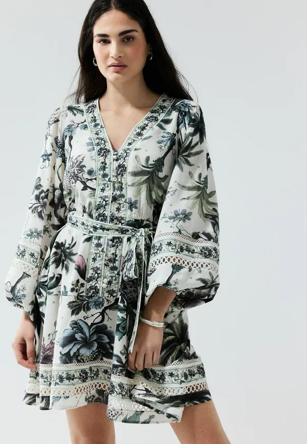 Платье-рубашка Next Tall fit long sleeve mini occasion dress, цвет экрю с цветочным принтом