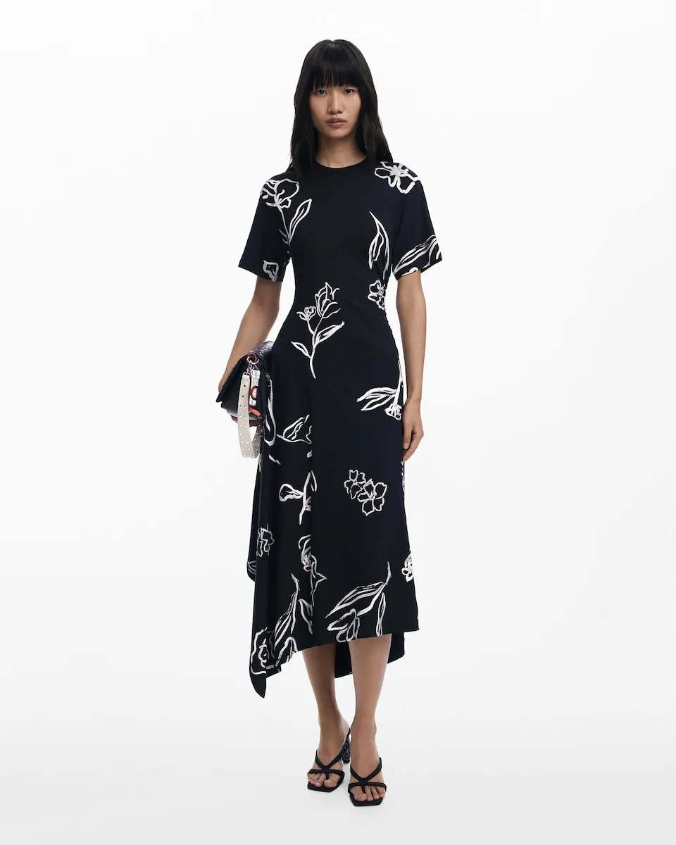 

Асимметриное платье с цветочными линиями Desigual, черный