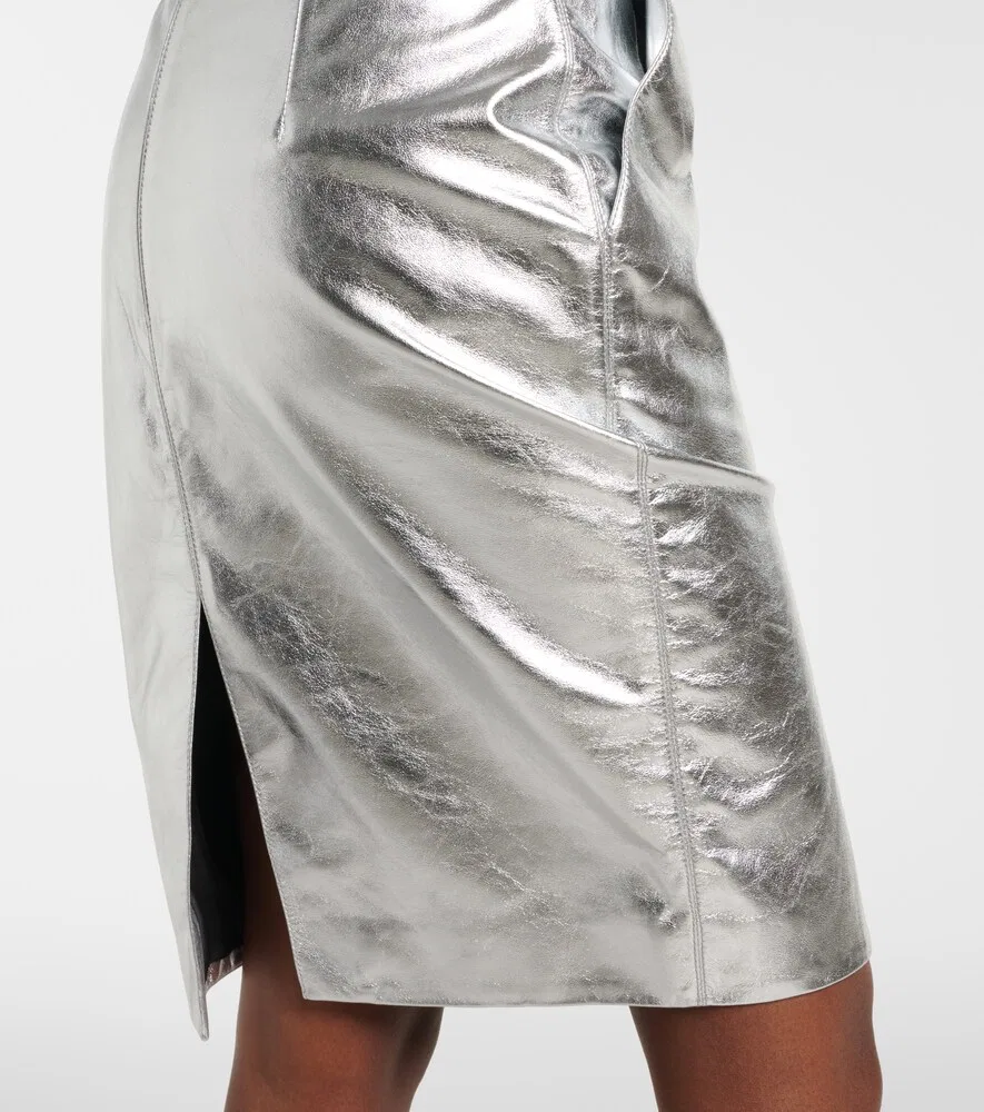 Юбка-карандаш из металлизированной кожи Saint Laurent, серебро — фото 4