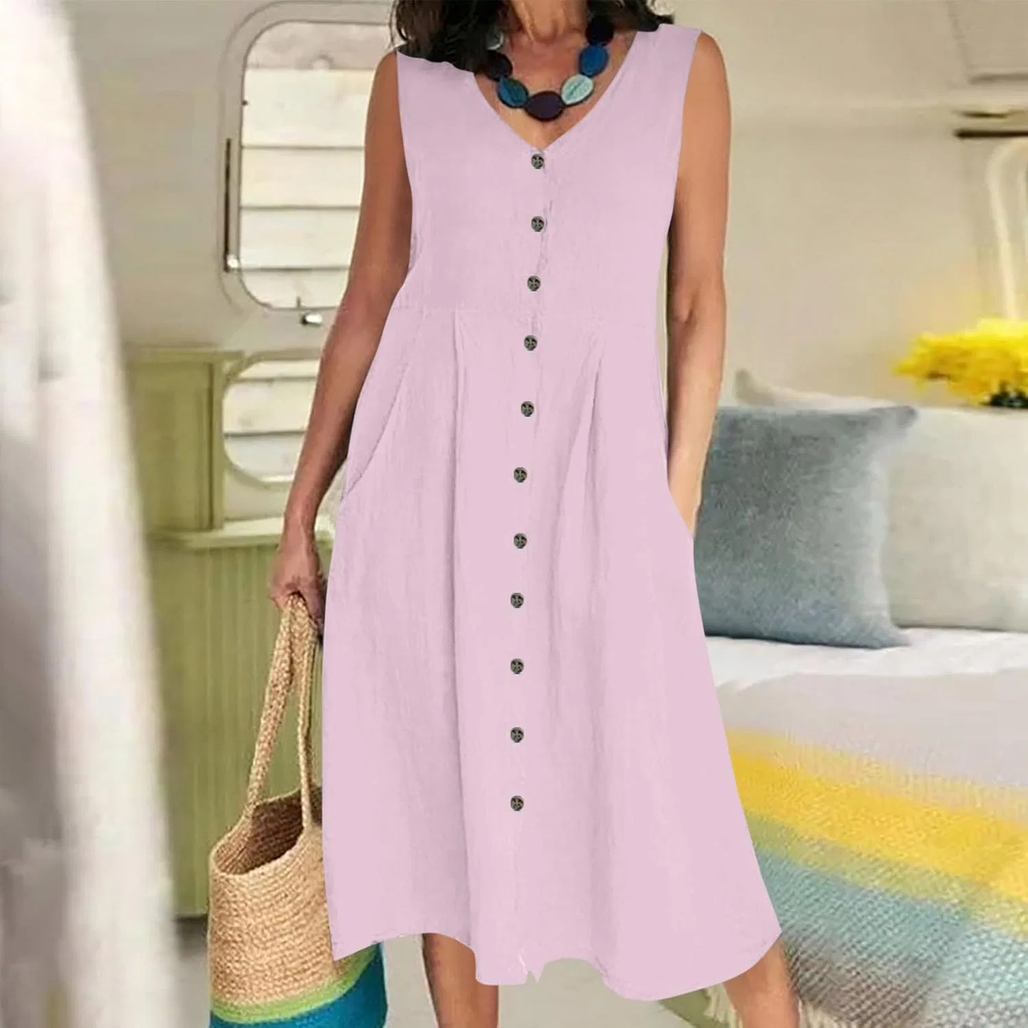 Летнее платье для женщин Flowy Button Down пляжное макси Sleeveless легкое льняное сарафан с карманами Generic, розовый — фото 3