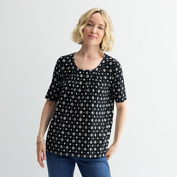 

Топ с круглым вырезом и плиссировкой Croft & Barrow, Black Tiny Geo