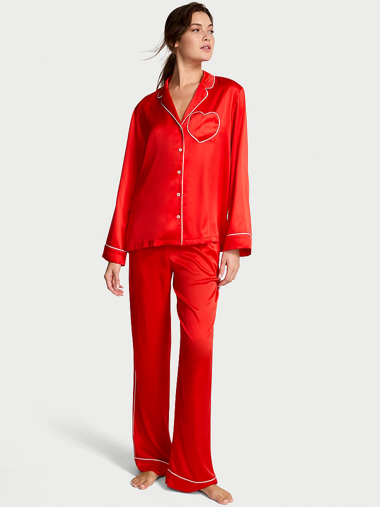 

Длинный пижамный комплект из глянцевого атласа с сердечками Victoria'S Secret, signature satin bright vermillion w heart pocket