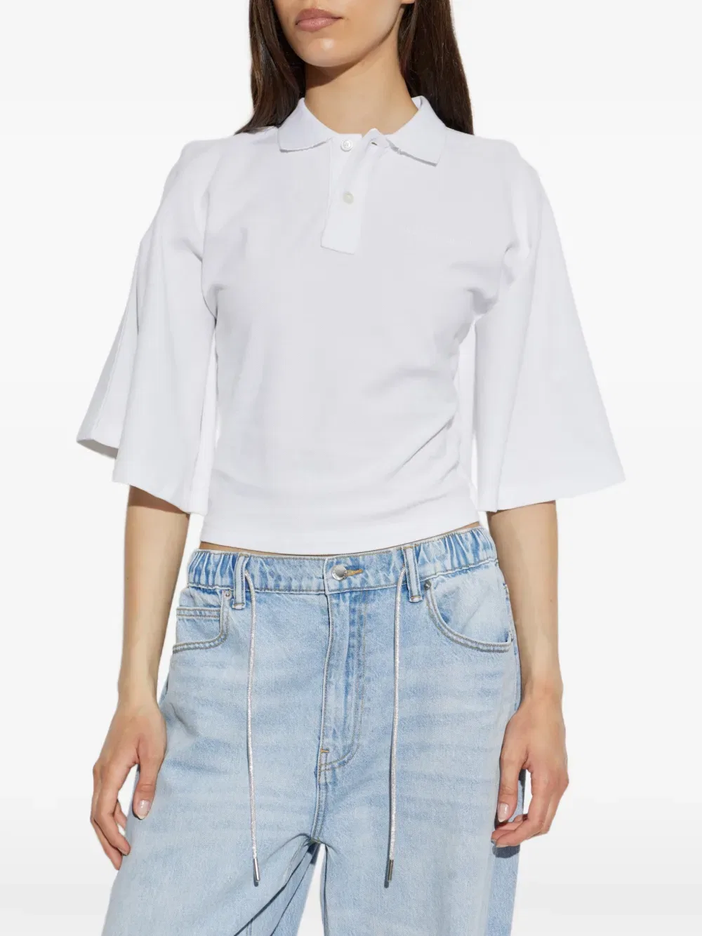Поло с вышитым логотипом и расклешенными рукавами Alexander Wang, белый — фото 3