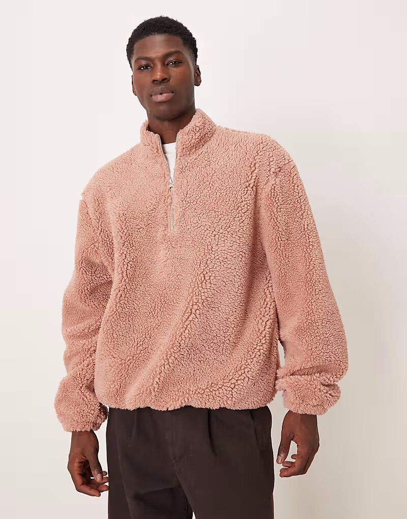 

Свободная толстовка из искусственного меха с застежкой-молнией на половину длины, розового цвета Asos Design