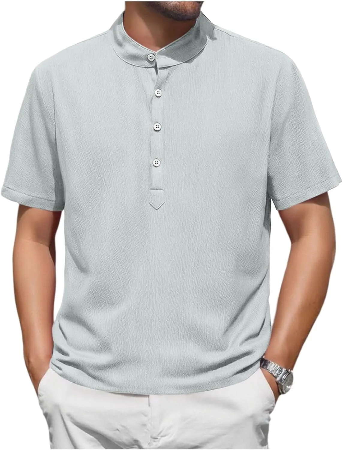 

Мужская повседневная рубашка-поло Henley с коротким рукавом, летняя, из льна