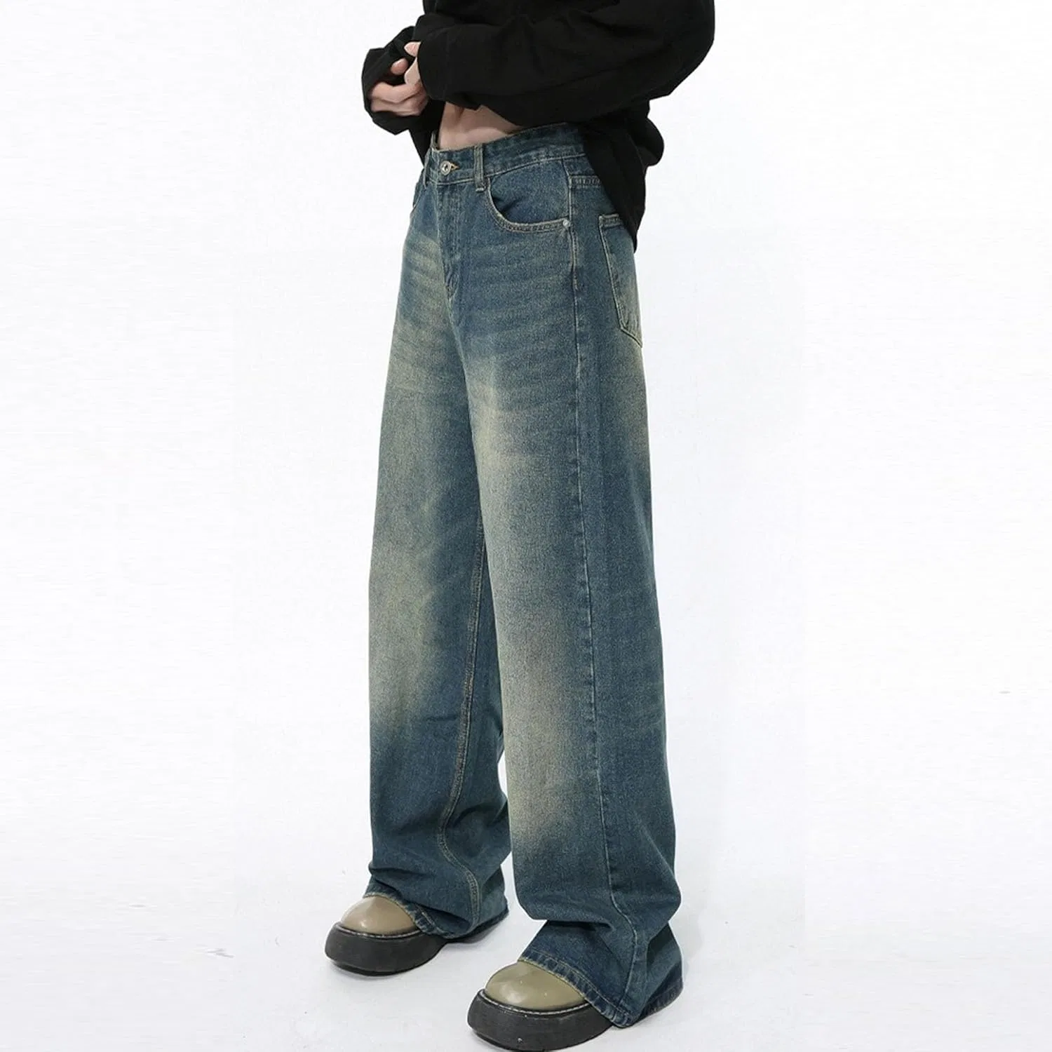 Джинсы широкие, Men's Baggy Hip Hop Jeans Skater Wide Leg Man Denim Pants Relaxed Fit Regular Jean Trousers Streetwear, Color 13 — фото 4