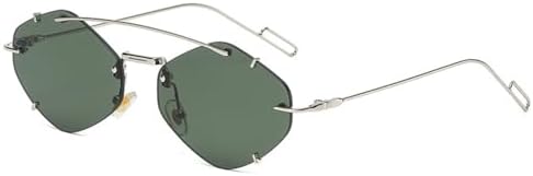 

HaoLMi - Женские солнцезащитные очки с двойной перемычкой в ​​стиле ретро, ​​солнцезащитные очки с защитой от УФ-излучения UV400, без оправы, многоугольной формы, Silver Green