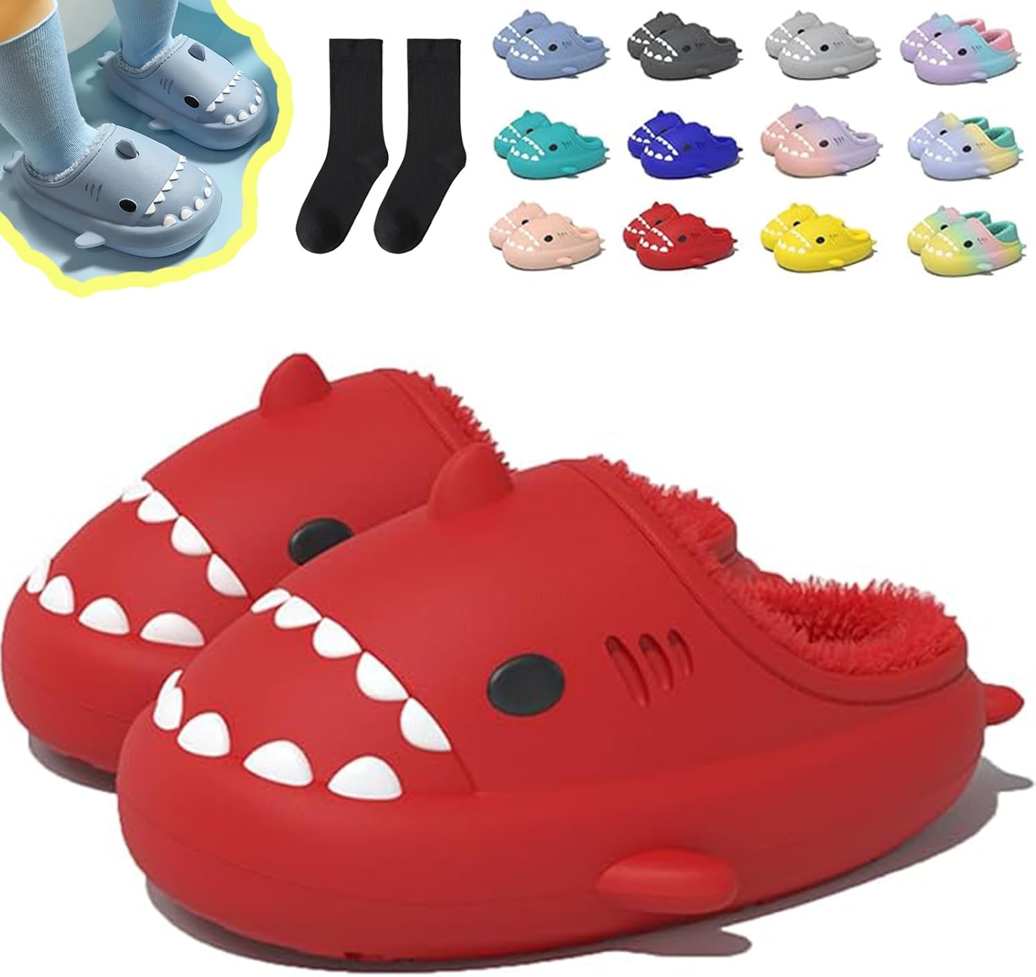 

Зимние тапочки в виде акулы, тапочки с акулой со съемной плюшевой подкладкой, теплые зимние плюшевые удобные нескользящие шлепанцы Generic, красный