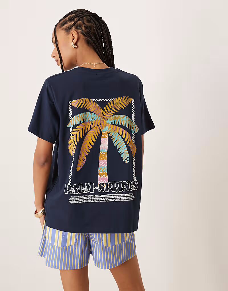 

Футболка ASOS DESIGN прямого кроя с принтом Palm Spring темно-синего цвета