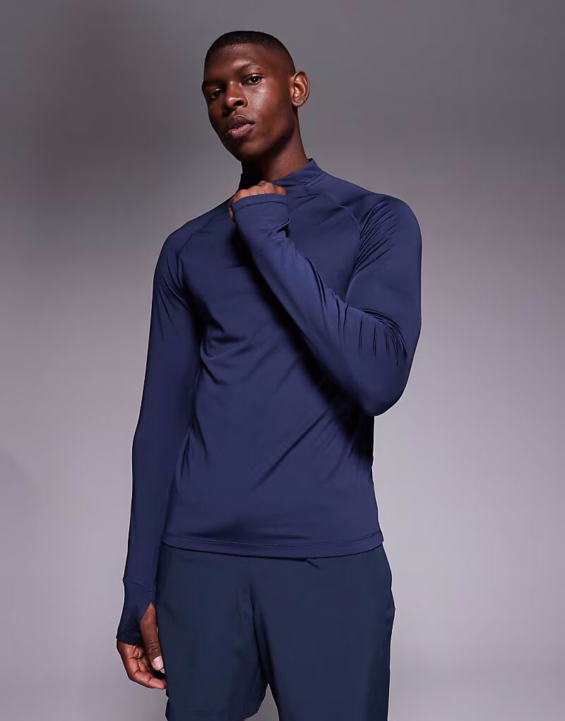 

Облегающий топ для бега с длинными рукавами и застежкой-молнией 1/4, темно-синий 4505