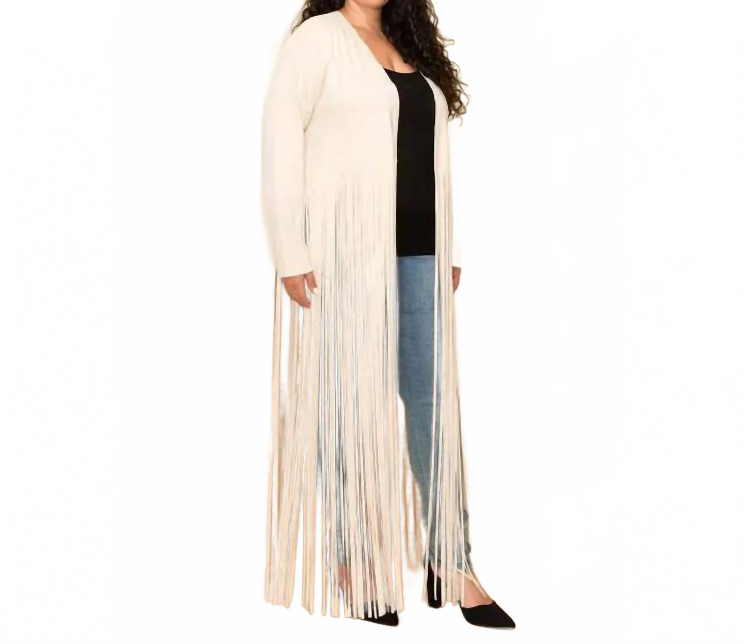 

VOCAL APPAREL Длинная замшевая куртка с бахромой и изогнутыми линиями, натурального цвета