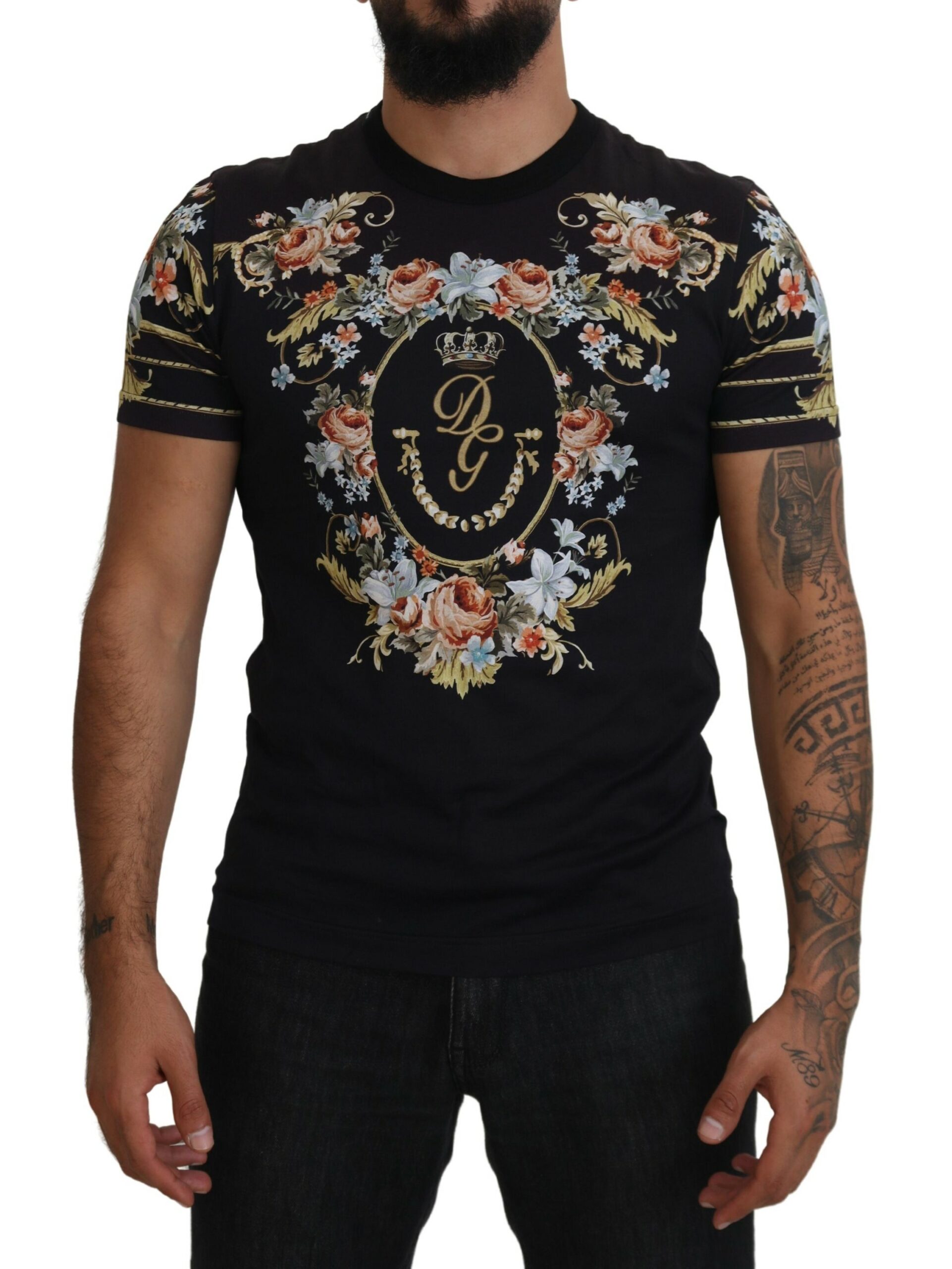 

Футболка из хлопка с цветочным принтом и логотипом Dolce & Gabbana, черный