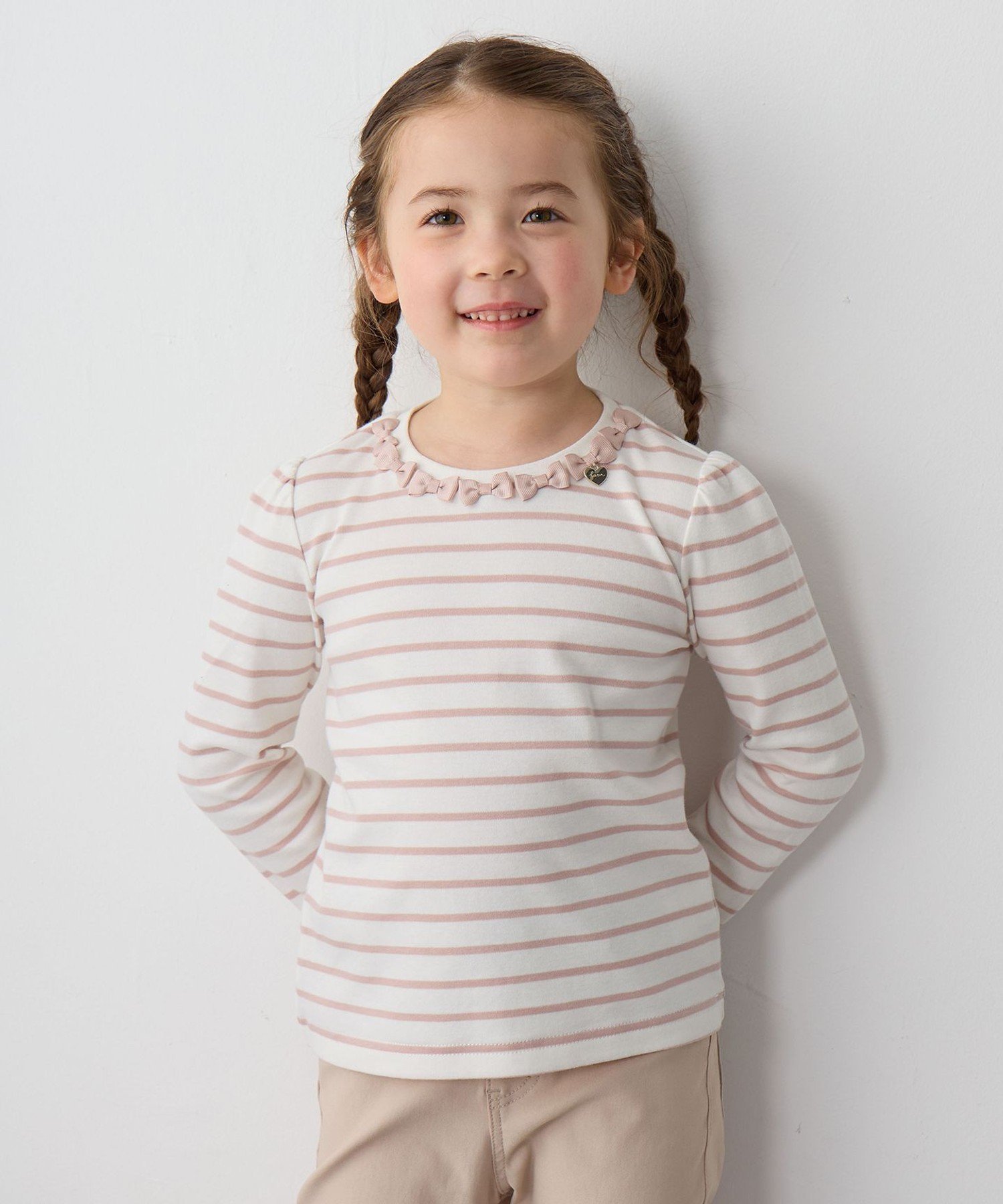 Футболка с длинными рукавами и окантовкой из лент* Any Kids, Pink x Ecru [112]