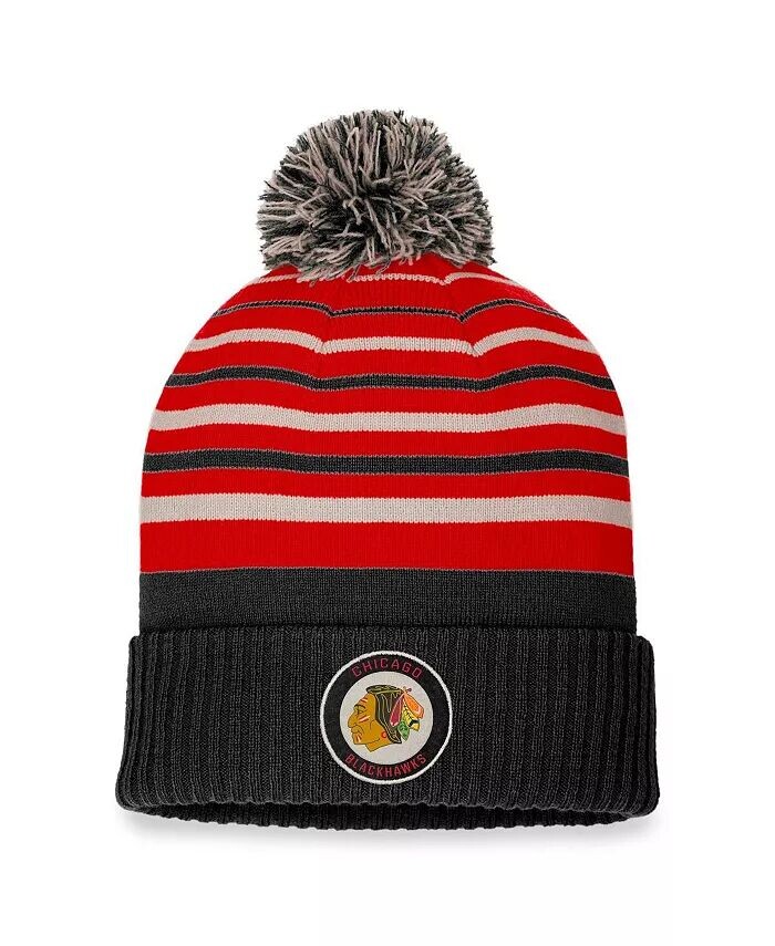 

Мужская черная, красная Chicago Blackhawks True Classic Retro вязаная шапка с манжетами и помпоном Fanatics