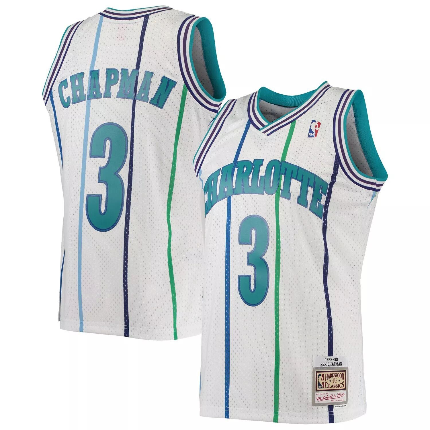 

Мужская белая майка Mitchell & Ness Rex Chapman Charlotte Hornets 1988-89 Hardwood Classics Swingman, Белый, Мужская белая майка Mitchell & Ness Rex Chapman Charlotte Hornets 1988-89 Hardwood Classics Swingman