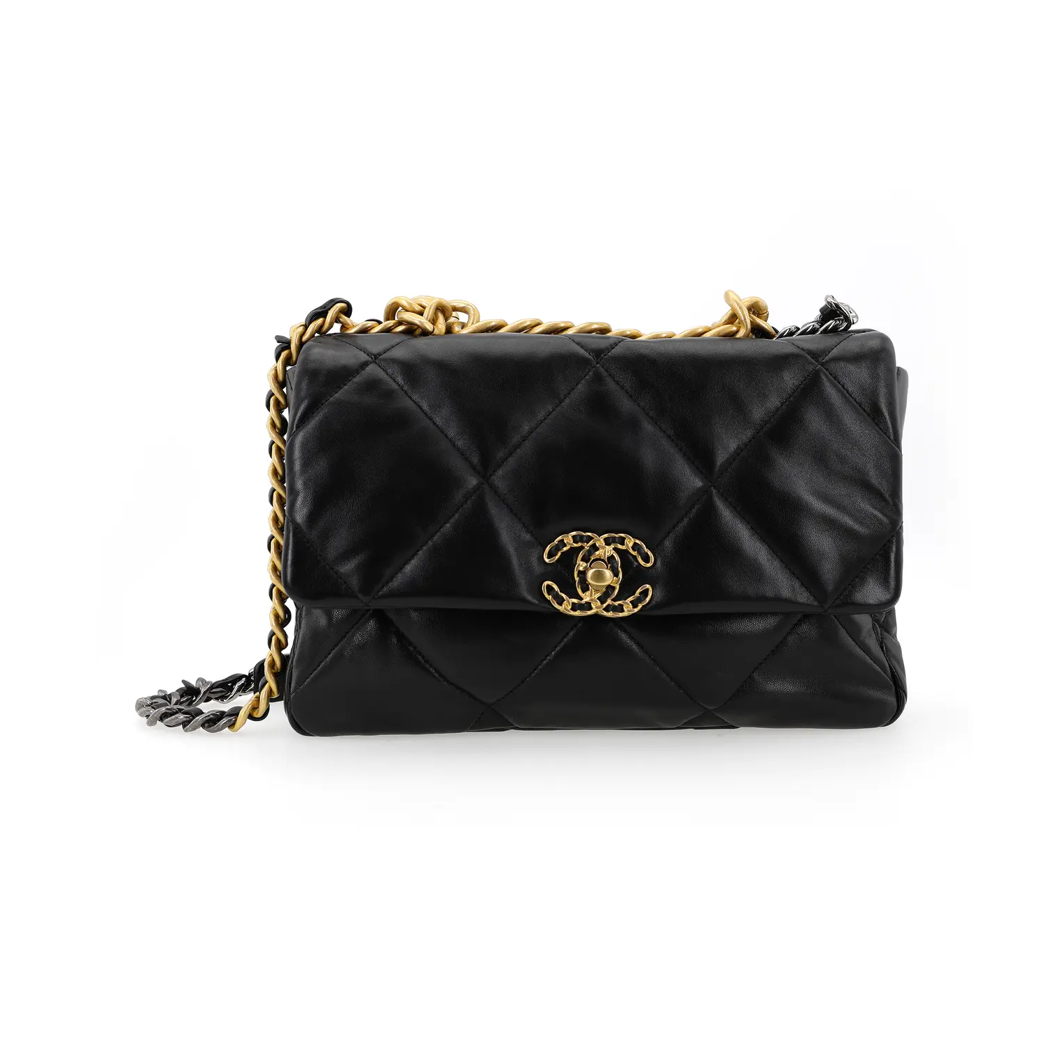 

CHANEL Большая сумка из блестящей ягнячьей кожи с золотистой и серебристой отделкой