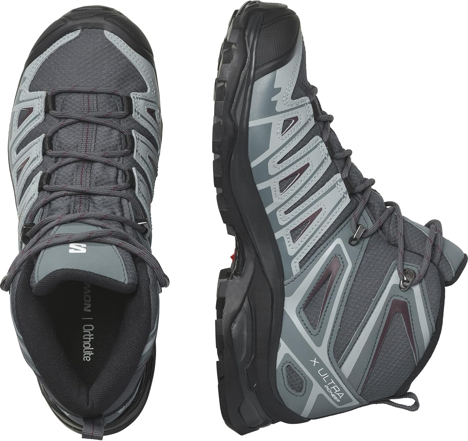 SALOMON женские треккинговые ботинки X Ultra Pioneer Mid Gore-tex, Ebony Stormy Weather Wine Tasting — фото 3