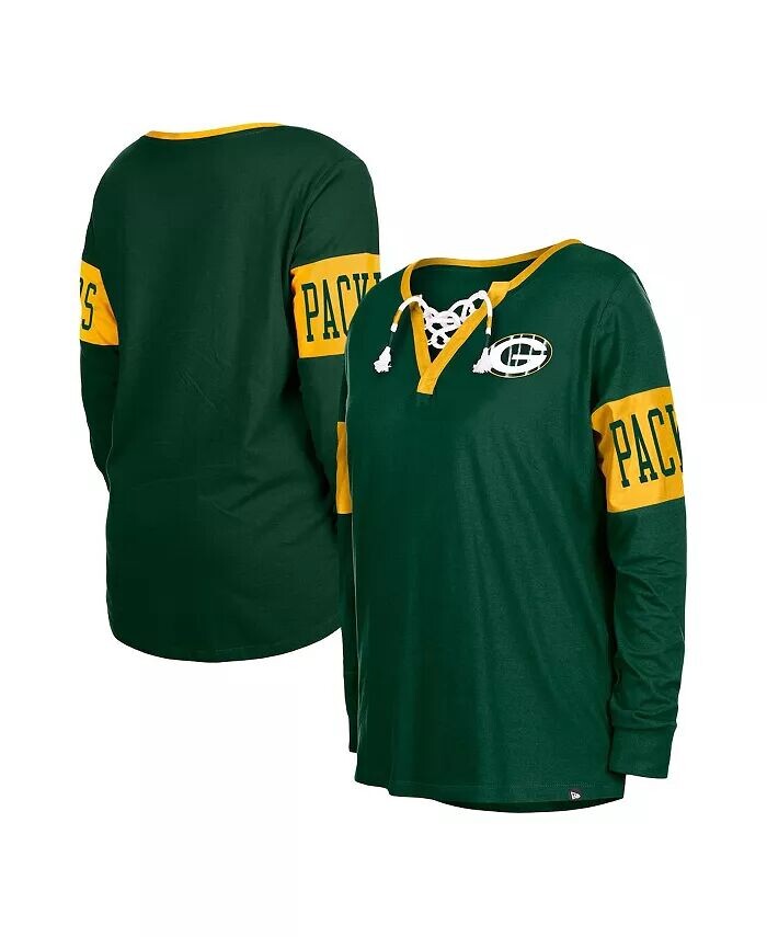 

Женская зеленая футболка с длинным рукавом и шнуровкой Green Bay Packers New Era