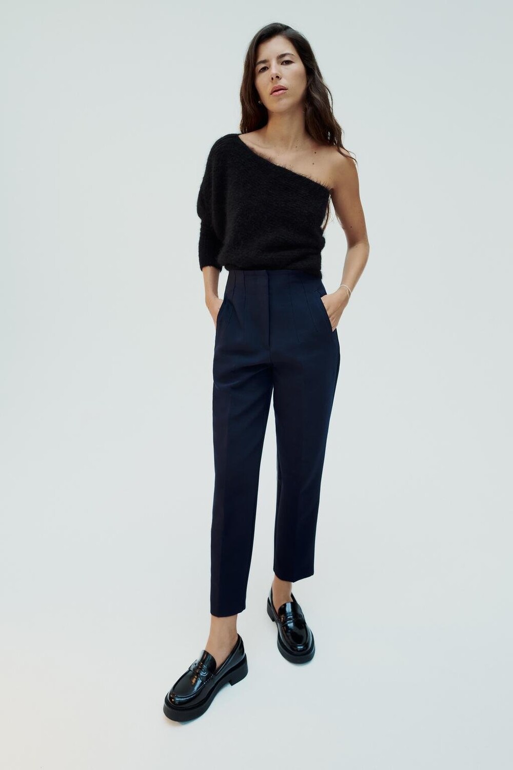 

Брюки с высокой посадкой ZARA, темно-синий