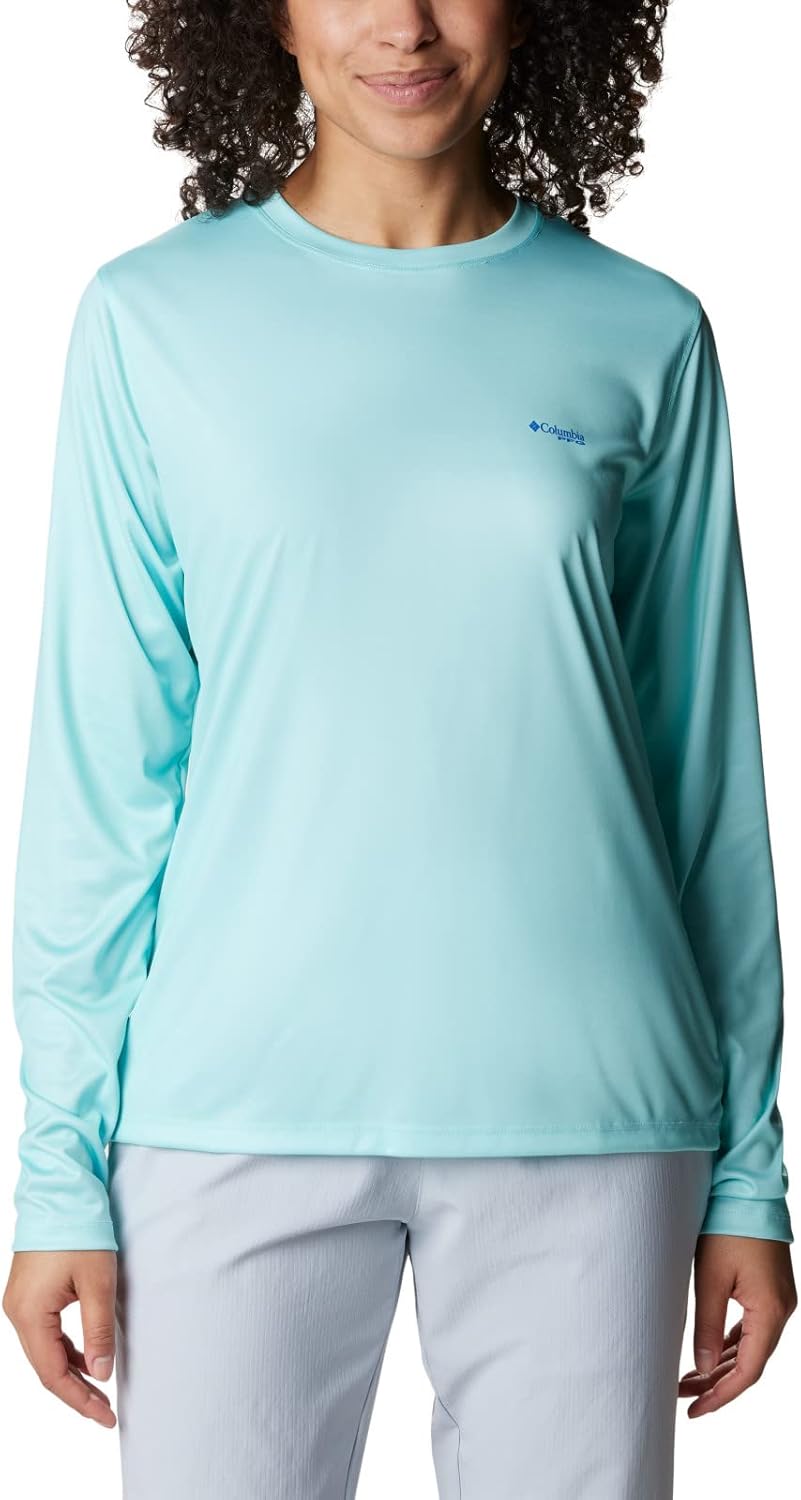 

Женская футболка Columbia Tidal Tee PFG Fish Flag LsTidal Tee PFG Fish Flag с длинным рукавом, Gulf Stream/Fish And Friends Flag Ombre