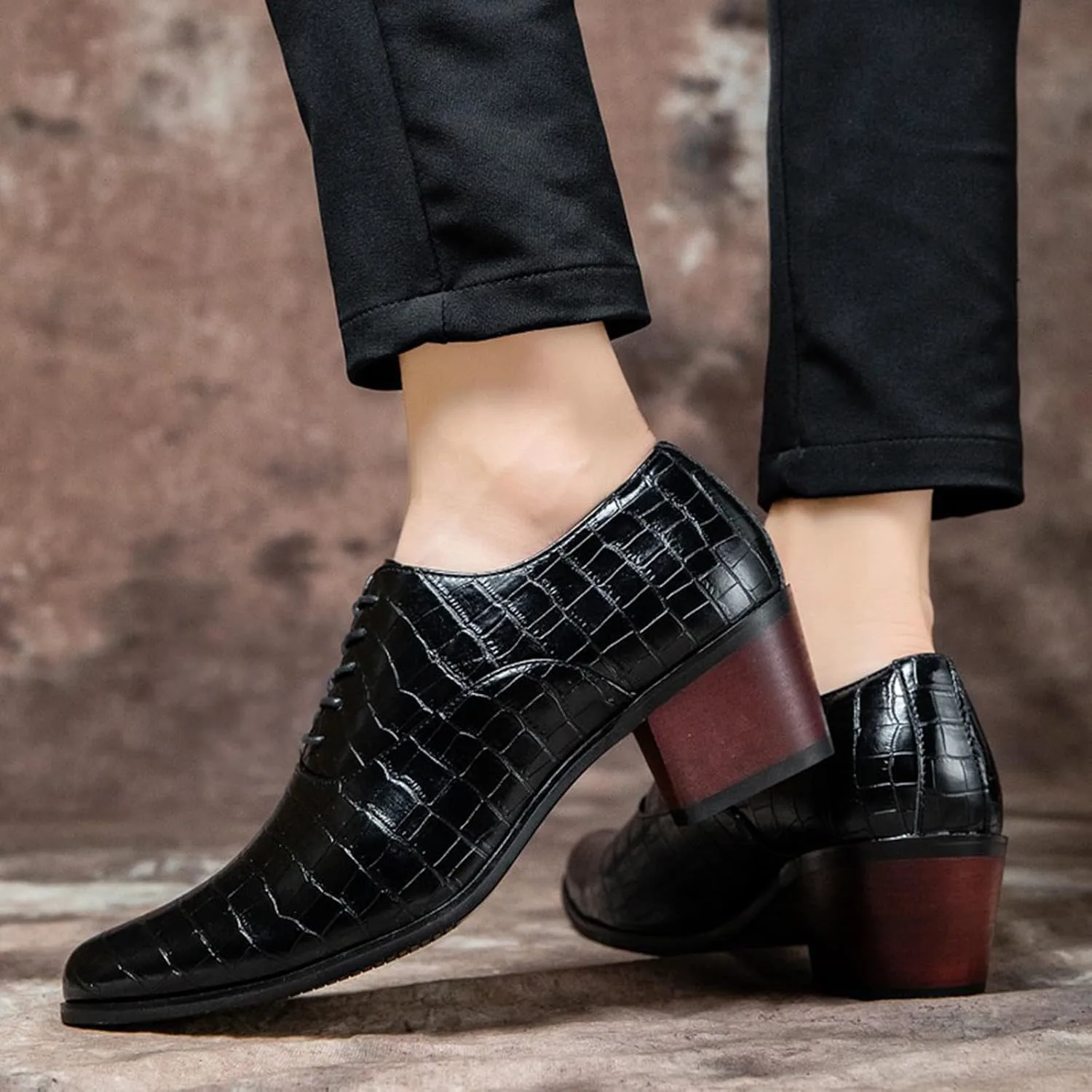 Мужская обувь Oxford Pattern Stone - массивный каблук, настоящая кожа с заостренным носком, шнуровка для модного бизнеса, официального дерби Zentavi, черный — фото 4