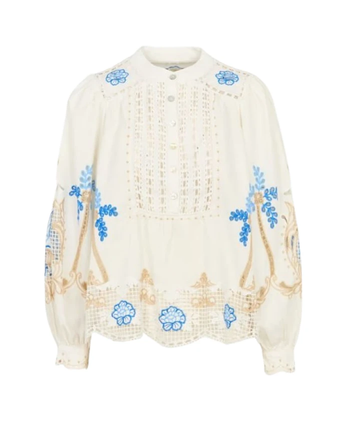 

Белая блузка на пуговицах с вырезами Farm Rio, мультиколор