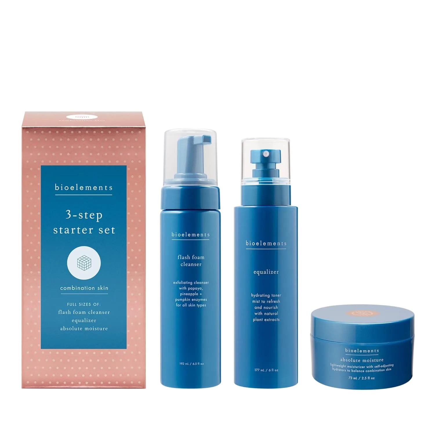 Bioelements 3-Step Starter Set для комбинированной кожи: Flash Foam Cleanser, Equalizer Toner и Absolute Moisture Moisturizer - Vegan, Gluten Free
