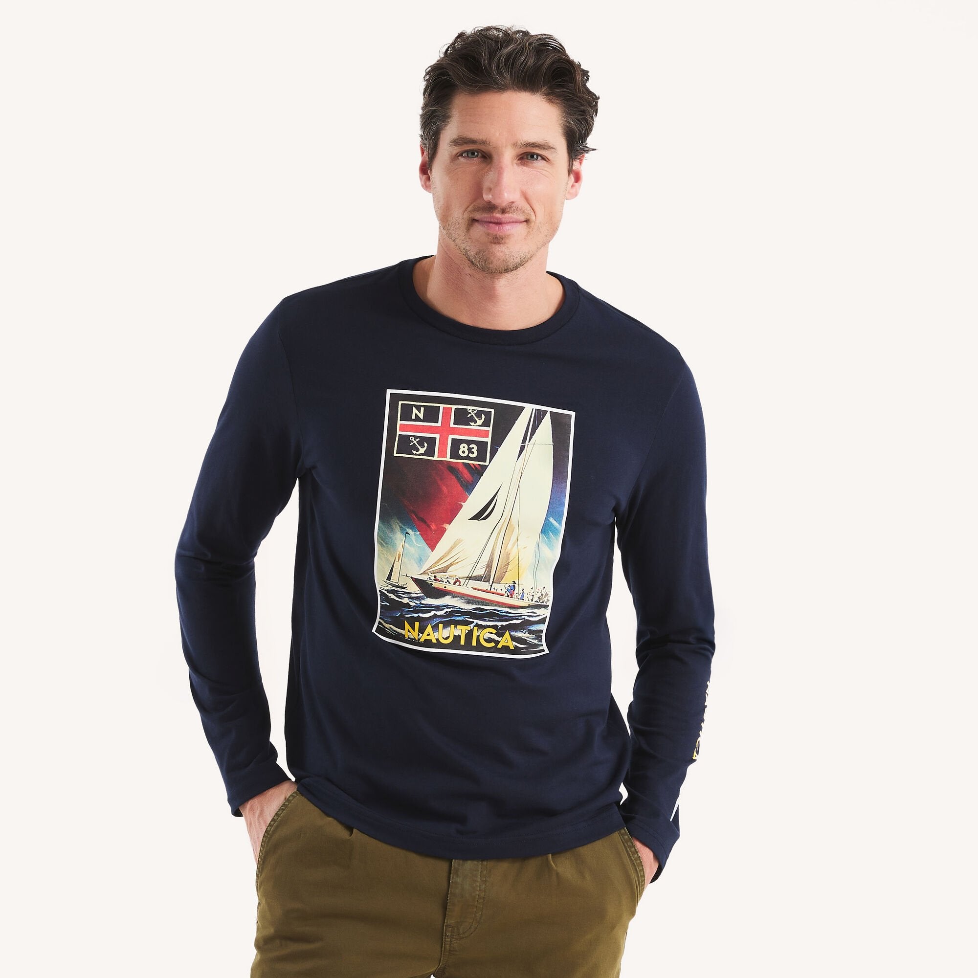 

Футболка с длинным рукавом и принтом Nautica Mens, темно-синий