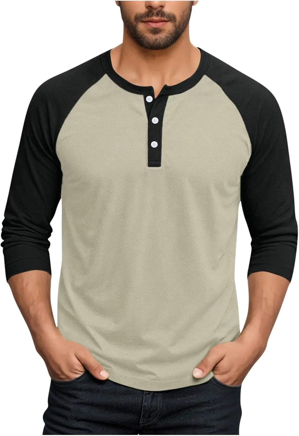 

Мужская летняя футболка Henley с рукавом реглан 3/4