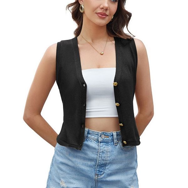 

Женский безрукавный свитер-жилет с V-образным вырезом и пуговицами Yesfashion, Black