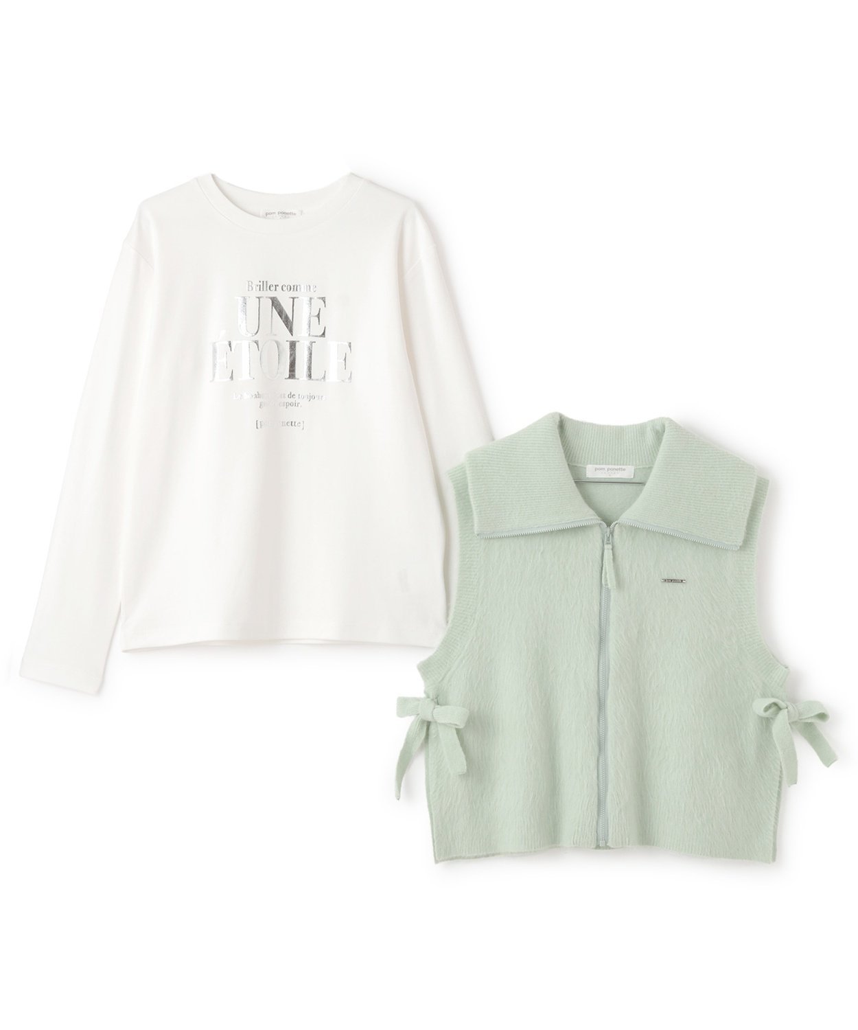 Комплект из вязаного жилета на молнии и длинной футболки Pom ponette junior, White — фото 3