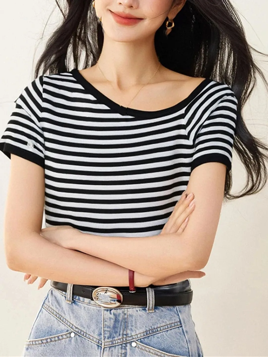 Женская простая полосатая футболка с коротким рукавом Slim Fit — фото 3