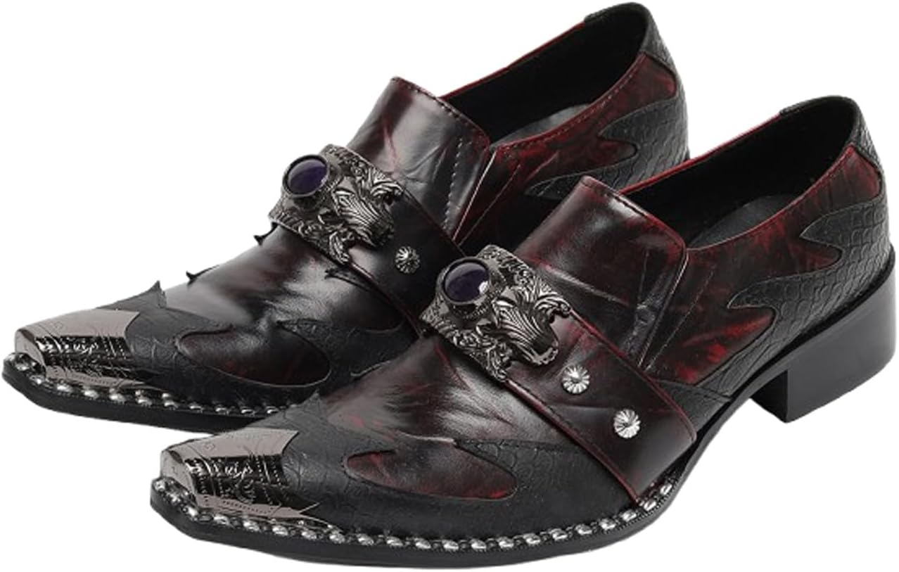 

Мужские кожаные лоферы Santimon без шнурков с металлическим носком и пряжкой с драконьим камнем - винтажные панк-туфли в готическом стиле для повседневной носки, свадьбы, вечеринки или сцены, красный