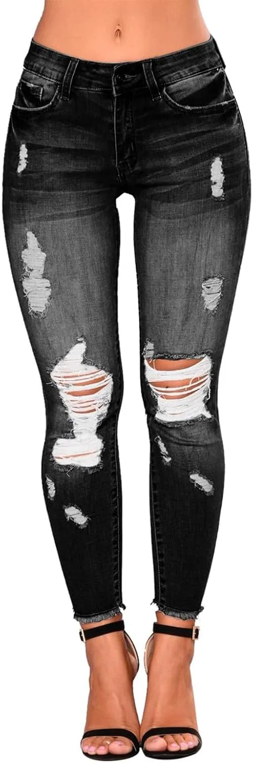 Скинни джинсы для женщин Stretch Distressed Denim Pants Casual Ripped High Waist — фото 2