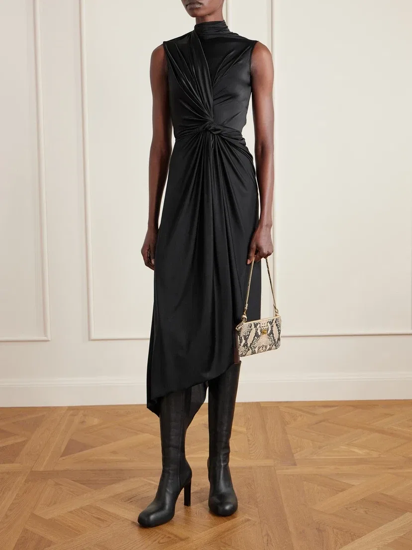 Асимметричное драпированное платье из атласного джерси с узлом BALENCIAGA, черный — фото 2