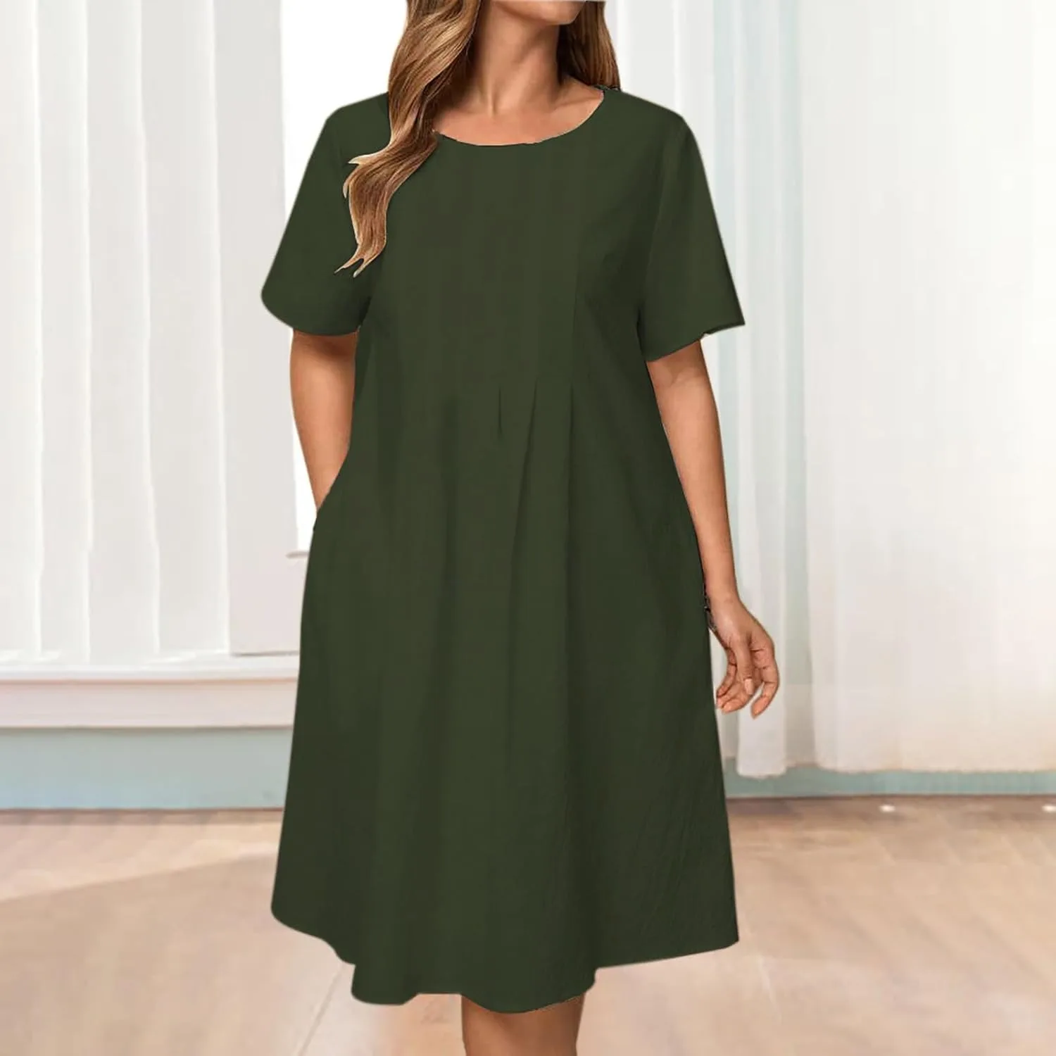 Женское летнее платье 2025 Casual Cotton Linen для пляжного отдыха, длина до колена, лодочка, короткий рукав, плиссированное Generic, зеленый — фото 3
