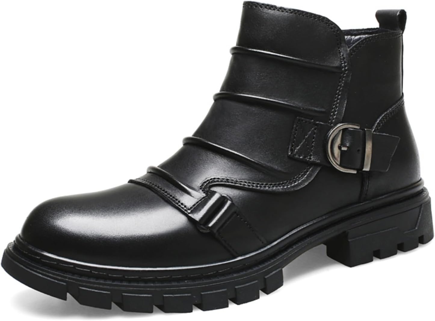 

Мужские черные кожаные массивные ботинки Челси на платформе с эластичными боковыми вставками, гладкой верхней частью, круглым носком, модель без шнурков, с текстурированной подошвой для повседневной носки, офиса, поездок и городских прогулок Psi...