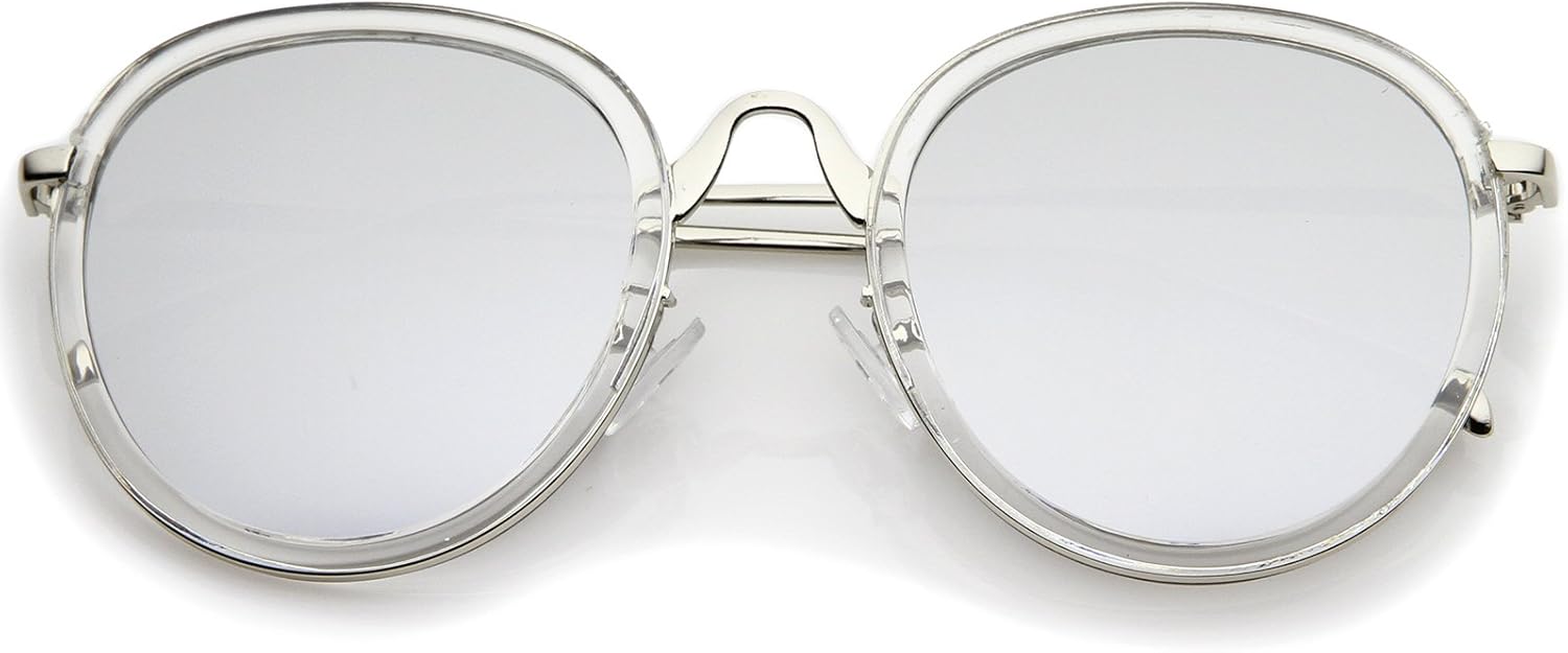 

Солнцезащитные очки zeroUV в современном стиле с изогнутой переносицей, тонкими дужками, цветными зеркальными плоскими линзами и круглым оправой, диаметр 52 мм, Clear-silver / Silver Mirror