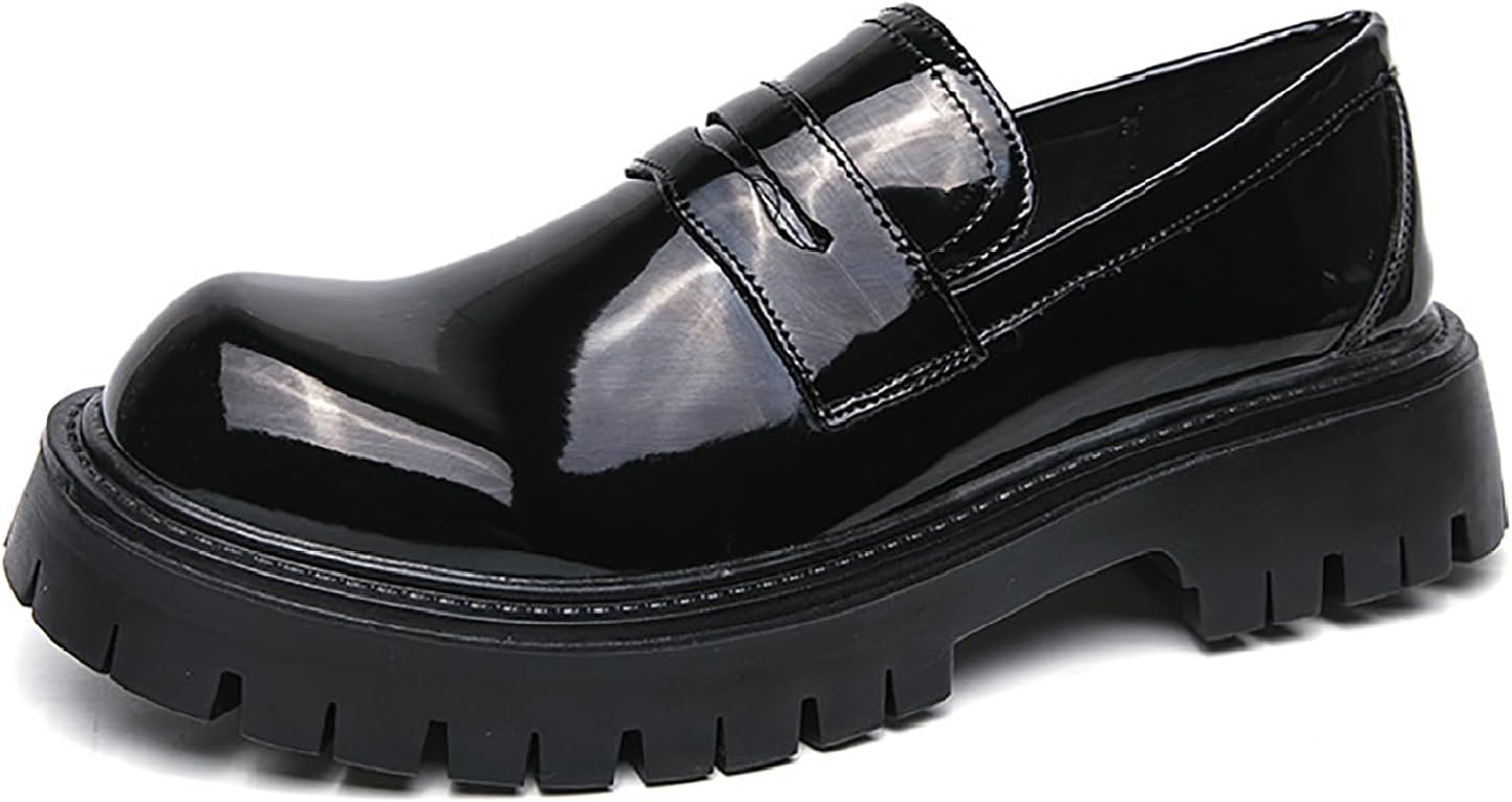 

Мужские лакированные лоферы-платформы Классические удобные круглые носки, противоскользящая подошва, надевающаяся плотная каблук, пенни-лоферы, повседневная деловая рабочая туфли Loveheynew, черный